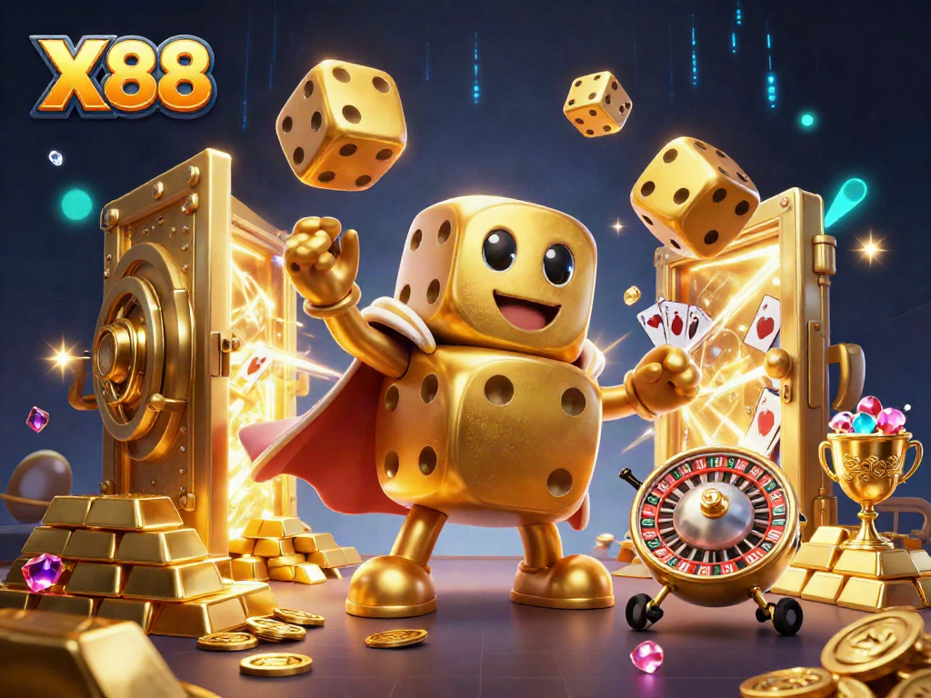 X88 delivers excitement with a golden dice golem and treasure vault in a vibrant casino setting.
