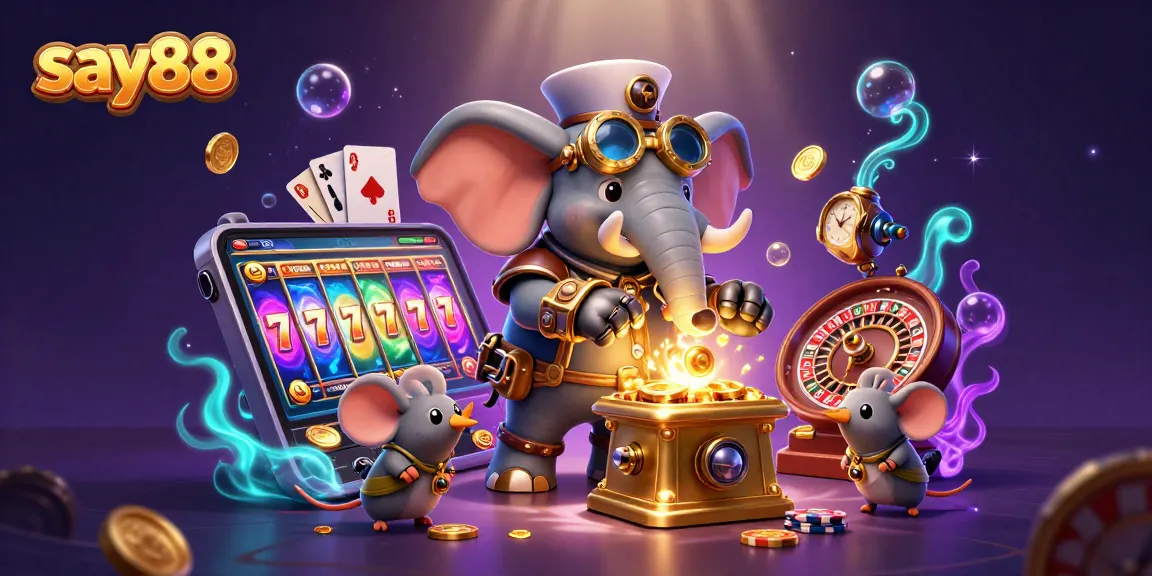 Spin the wheels and win with say88 in this vibrant, steampunk-themed casino illustration.