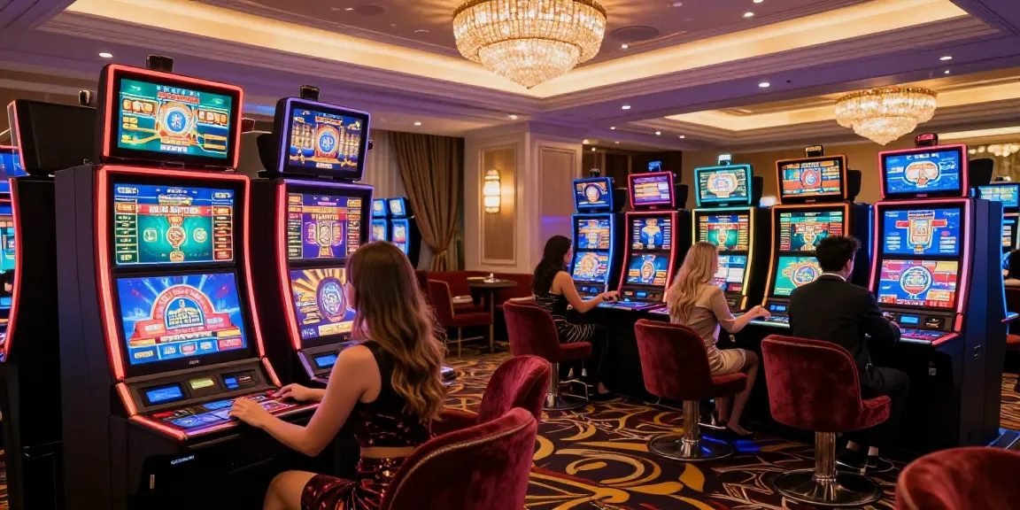 LUXURY777 menciptakan suasana kasino mewah dengan pemain bersenang-senang di mesin slot elegan.