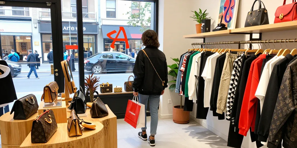 Fashionable shopper exploring a 레플리카 사이트 boutique with vibrant luxury displays and stylish streetwear.