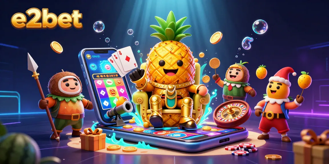 e2bet offers a vibrant 3D casino scene with a golden pineapple king amid exciting gaming elements.