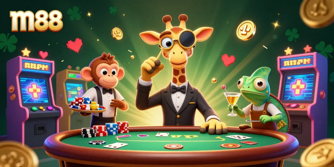 Win big at m88 with a vibrant casino scene featuring high-roller characters and poker elements.