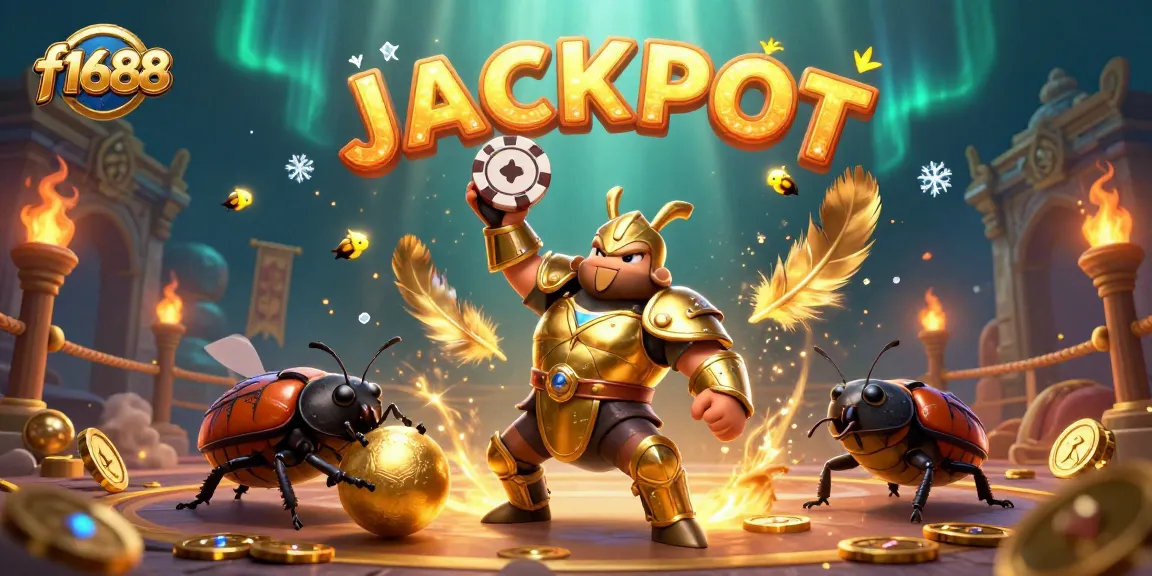 Experience thrilling victories at f1688 with a dynamic illustration of a victorious beetle champion lifting a poker chip.