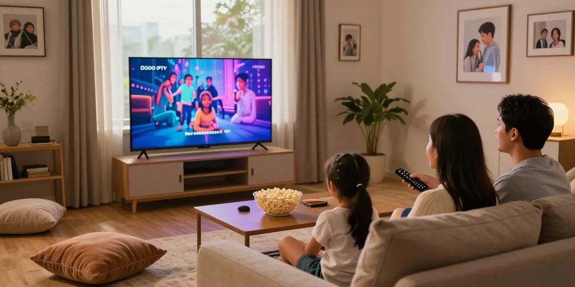 Family movie night with DODO IPTV subscription on a large screen