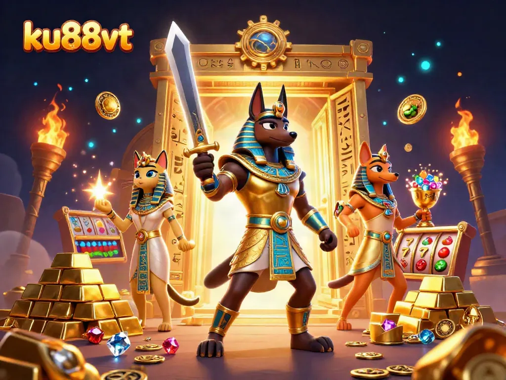 ku88vt captures the excitement of casino gaming with Anubis and Bastet in a dynamic scene featuring slot machines and treasure.