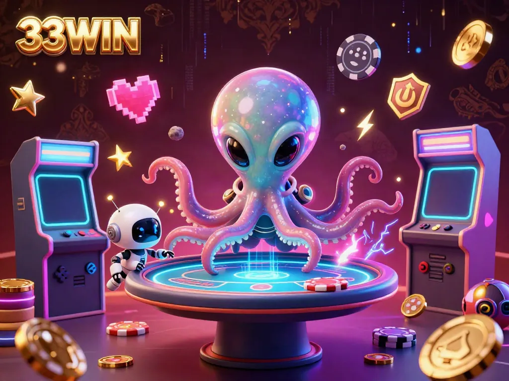 Experience the excitement of 33WIN with an alien octopus operating a holographic poker table surrounded by vibrant gaming elements.