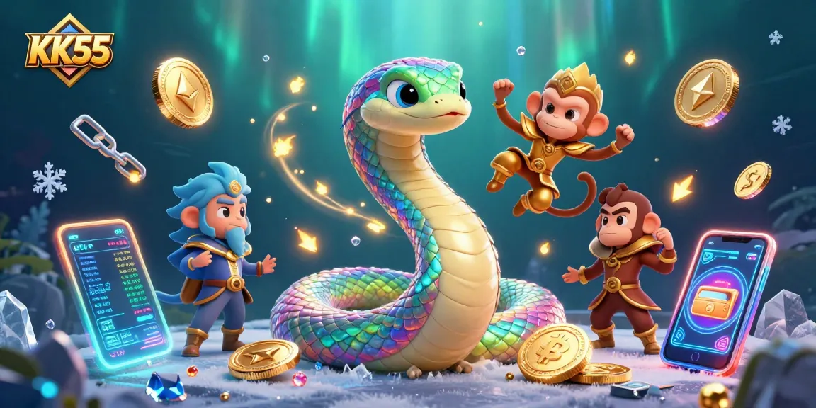 Engage in thrilling gameplay with KK55's vibrant 3D illustration featuring magical elements and crypto coins.