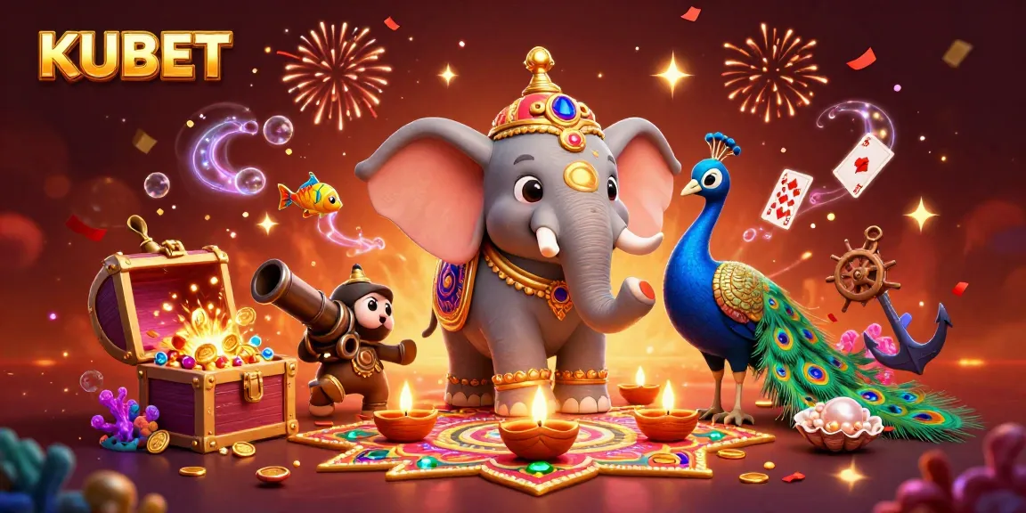 KUBET players enjoy a vibrant 3D casino scene featuring a festive elephant and treasures.