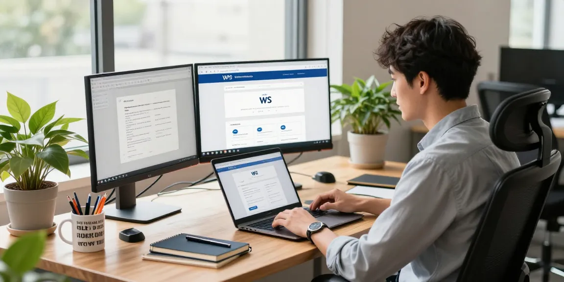 Viewing the WPS Official Website with a modern office setup featuring dual screens and a laptop.