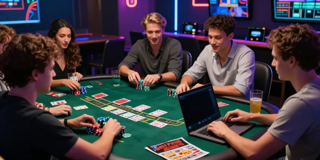 Friends enjoying an engaging game of blackjack en ligne with colorful chips and cards.