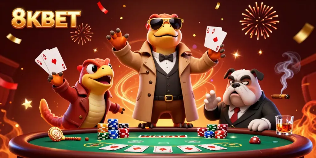 Experience excitement at 8KBET with colorful poker chips and raptors in a trench coat at a casino.