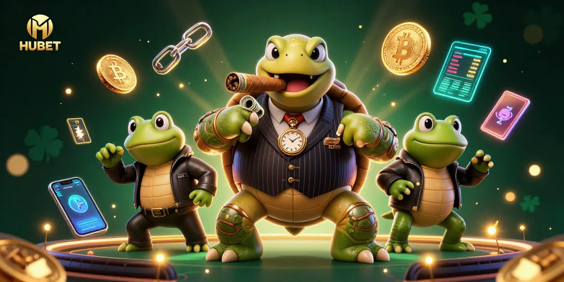 HUBET showcases a lively casino scene with a turtle mobster enjoying a cigar amidst vibrant gaming elements.