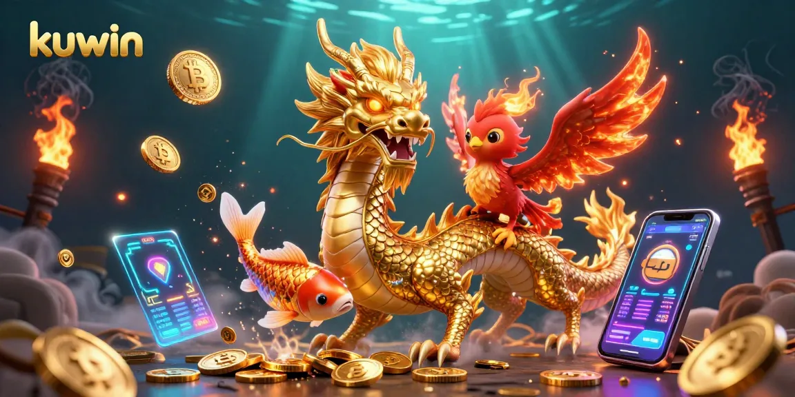 Engage with Kuwin's thrilling casino experience featuring vibrant characters, dynamic game elements, and glowing coins.