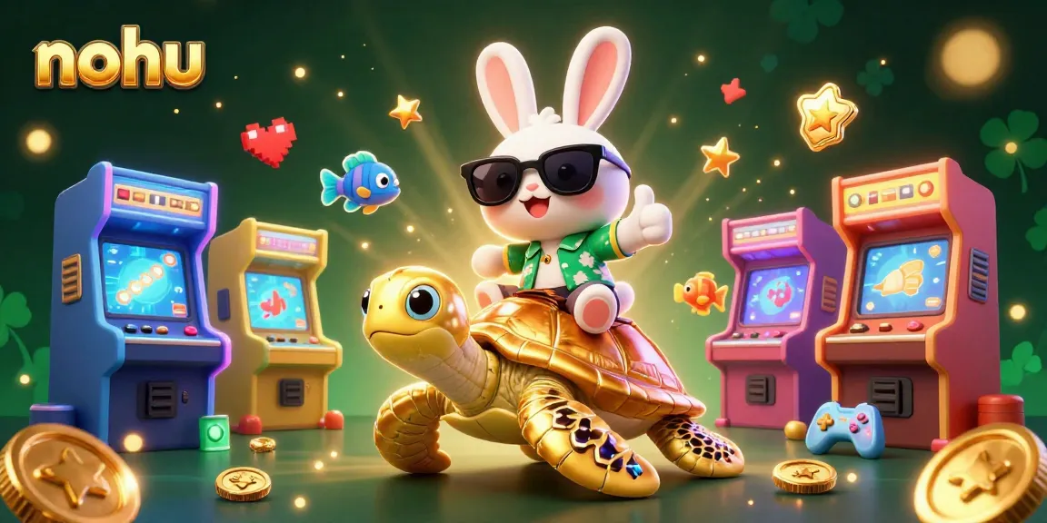 Nohu showcases a lucky rabbit and sea turtle amidst vibrant casino elements in a playful 3D scene.