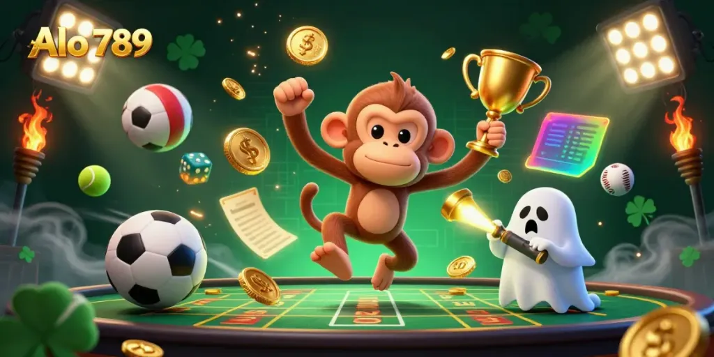 Experience the excitement at Alo 789 with gold-juggling poltergeist monkey and ghost-hunter puppy in a vibrant casino environment.