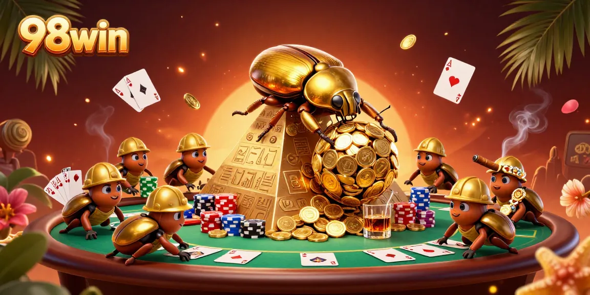 Experience the excitement of 98win as golden beetles celebrate casino riches in a vivid, dynamic scene.