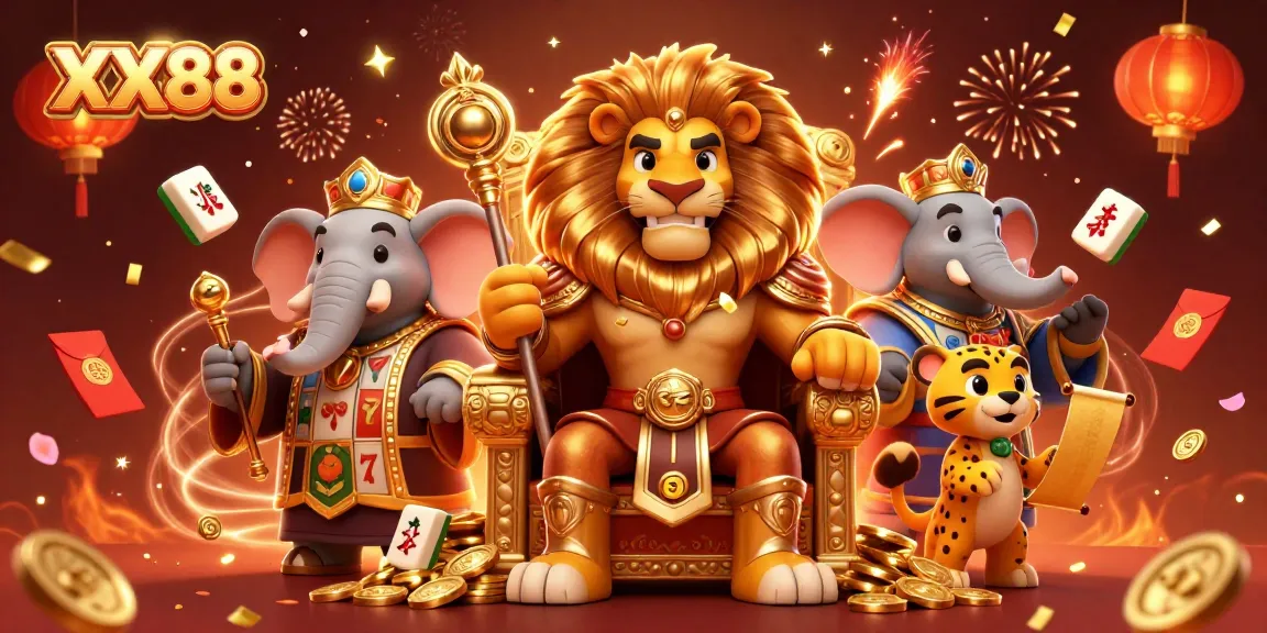 Experience dynamic XX88 gaming action with fierce lion king and vibrant slot elements.