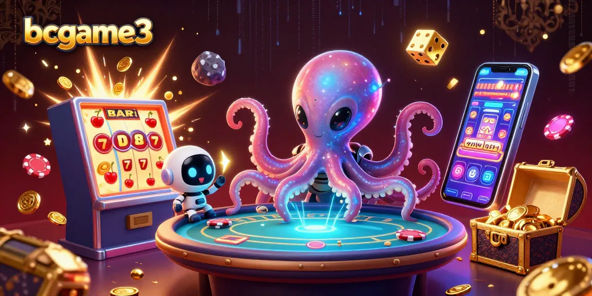 Taruhan menarik dengan bcgame3, karakter luar angkasa dan chip poker berputar di sekitarnya.