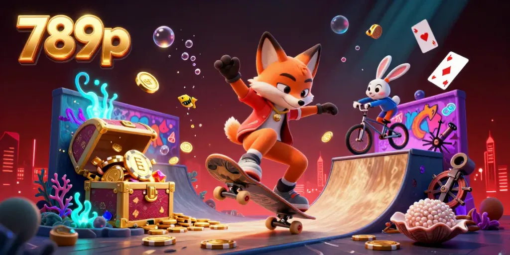 Experience thrilling casino action with 789p, featuring a lively skateboarder fox and BMX rabbit in a vibrant gambling scene.
