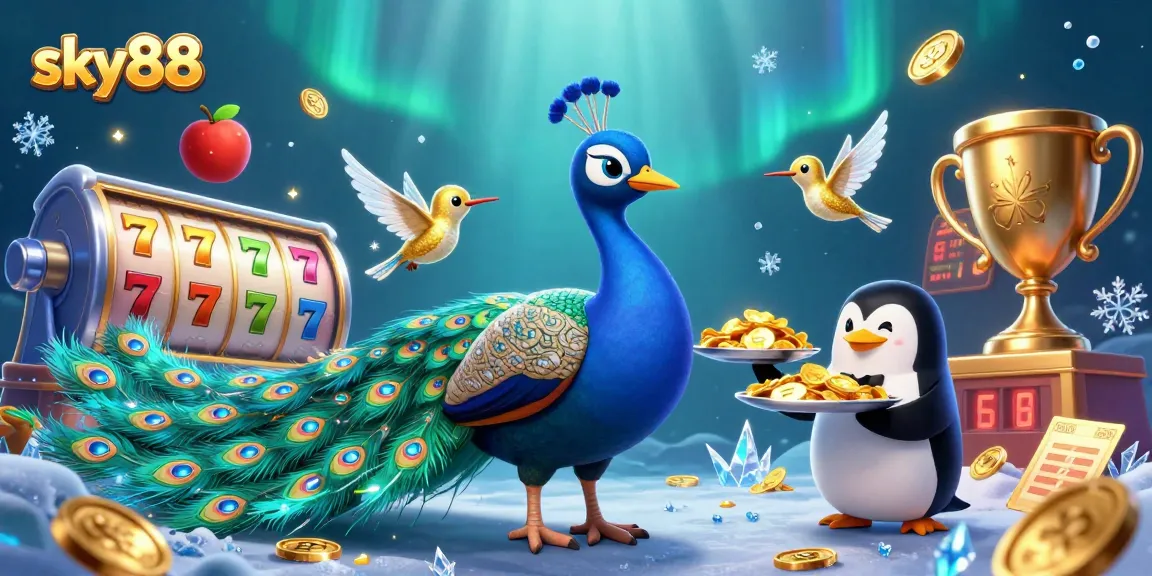 Win big at sky88 with a vibrant 3D casino-themed illustration featuring majestic characters and slot elements.