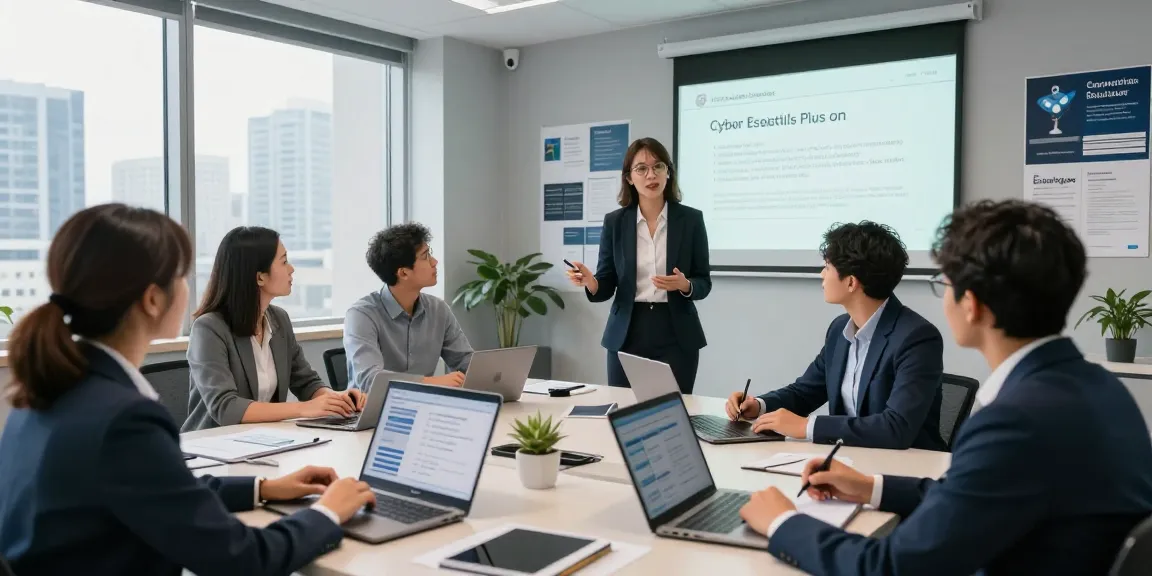 Team discussing cybersecurity strategies, focusing on cyber essentials plus cost in a modern office.