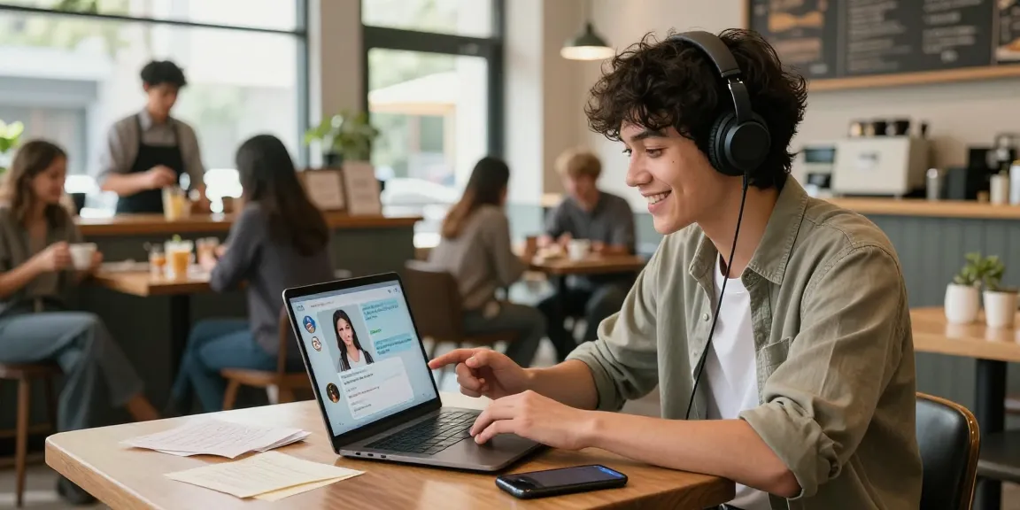 Young adult interacting with an AI girlfriend chatbot in a cozy cafe.