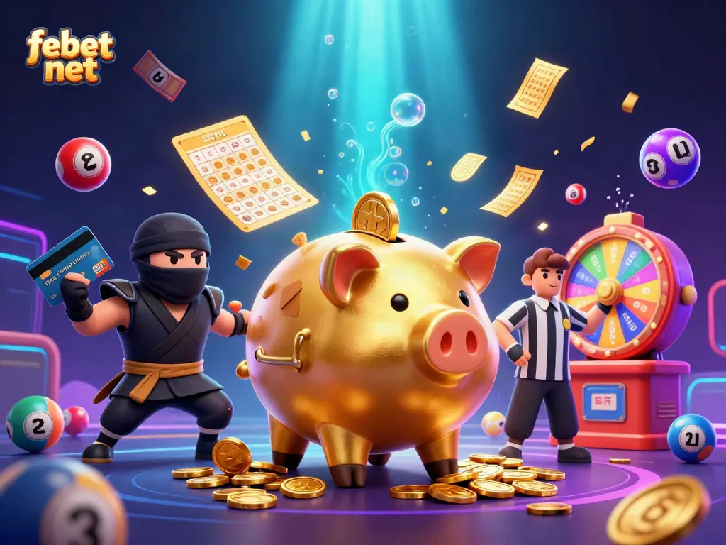 Experience the vibrant fun and excitement of febet net with a dynamic 3D casino scene featuring a piggy bank sumo wrestler.