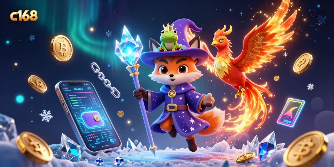 Engage with c168 while enjoying vibrant 3D casino-themed illustration featuring a mystical wizard, phoenix, and cryptocurrency elements.