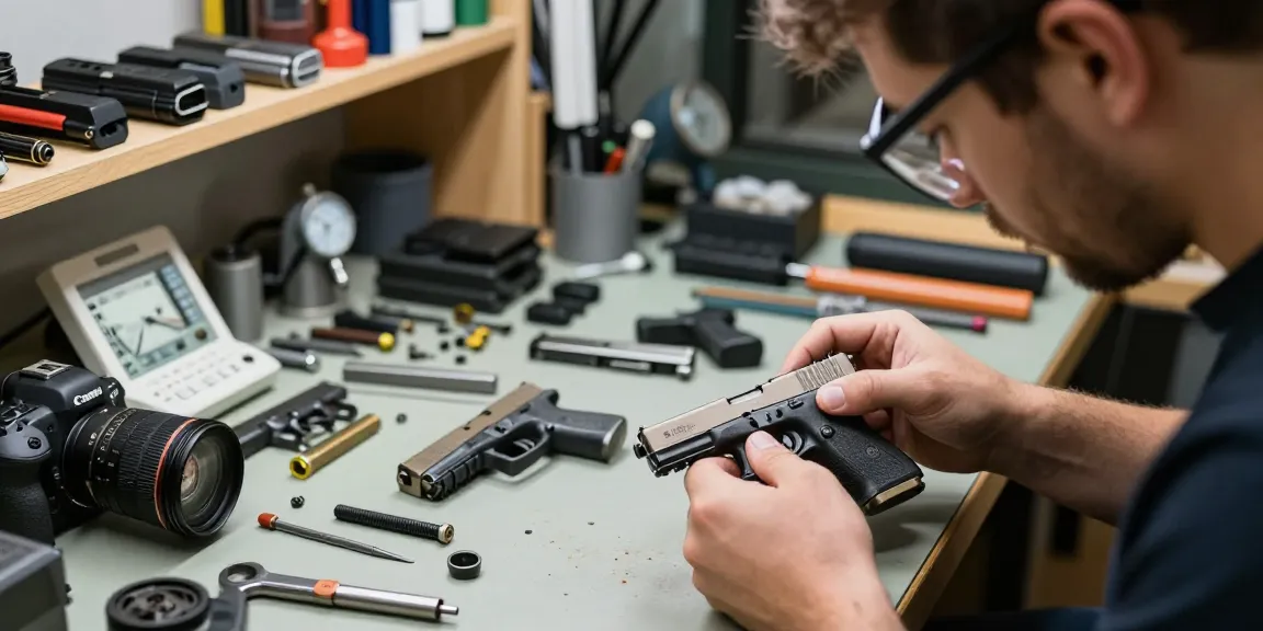 Customizing Glock slides at https://precisionglockslides.com in a professional workshop environment