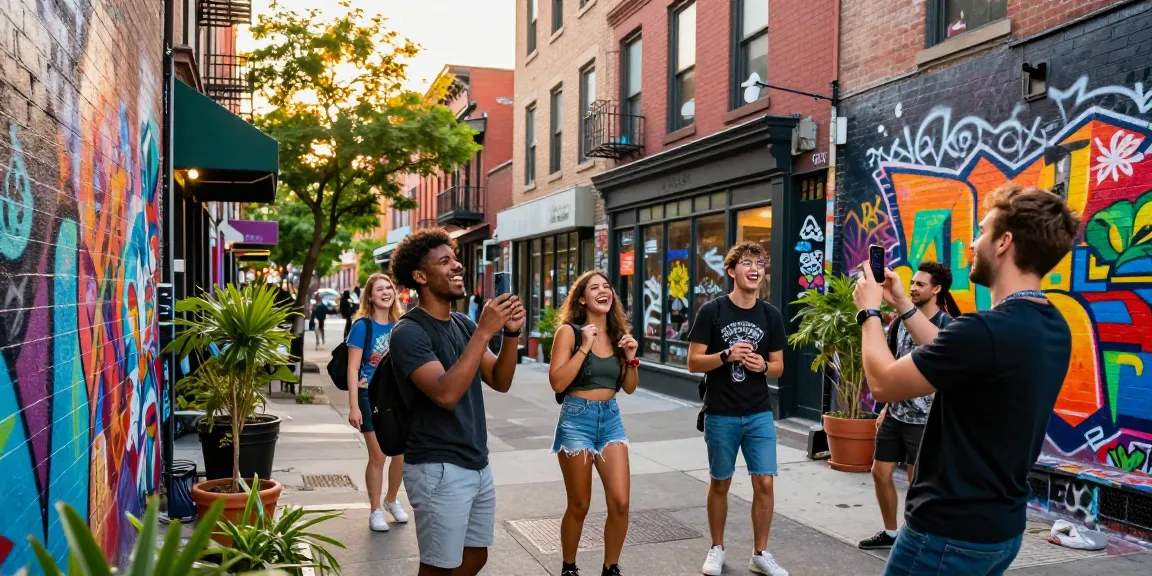 Vibrant urban exploration scene with friends discovering street art, highlighting https://forumup.org/shop/search.php?ca_id=&addr1=&addr2=&addr3=&schKeyword and city culture.