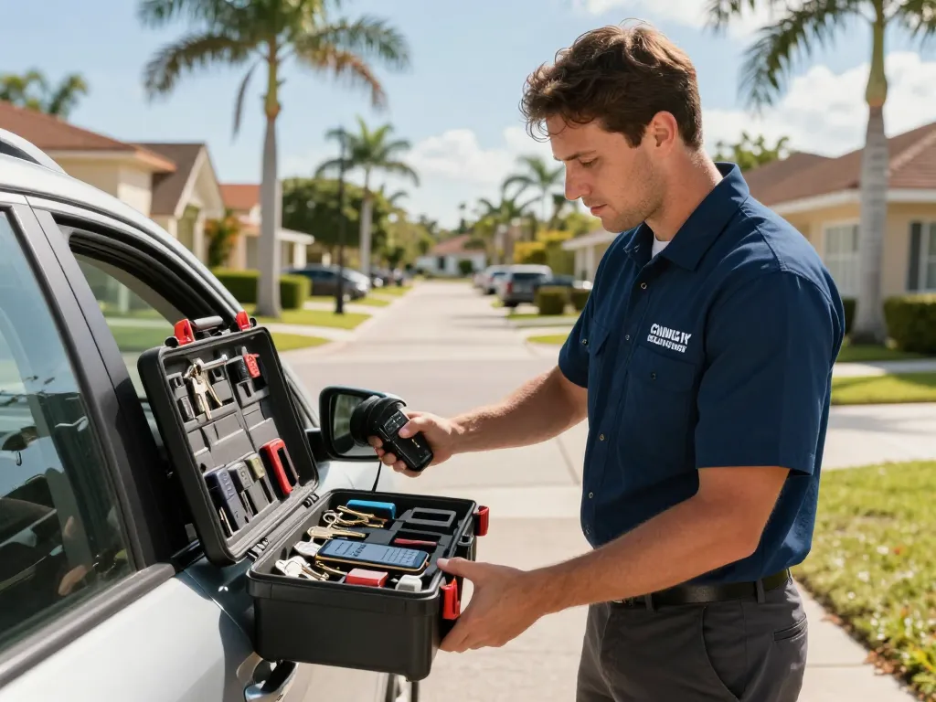 Locksmith palm city fl expert unlocking car door with professional tools in sunny neighborhood setting.