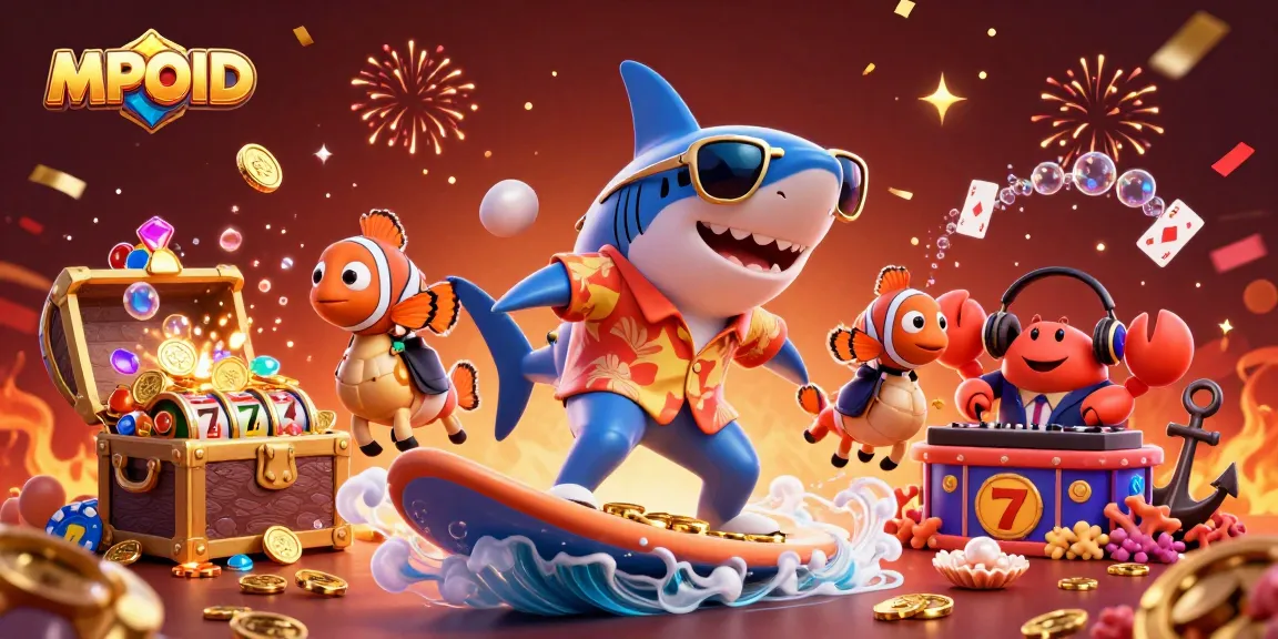 MPOID showcases a vibrant underwater casino scene with a shark surfing gold coins and playful characters.