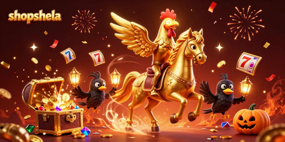 Join the exciting gaming experience at shopshela, featuring slot reels and golden treasures in a 3D illustration.