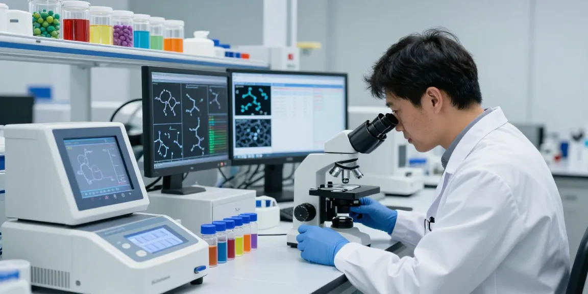 Researcher analyzing SwissChems Peptides under a microscope in a modern lab, showcasing high-quality research.