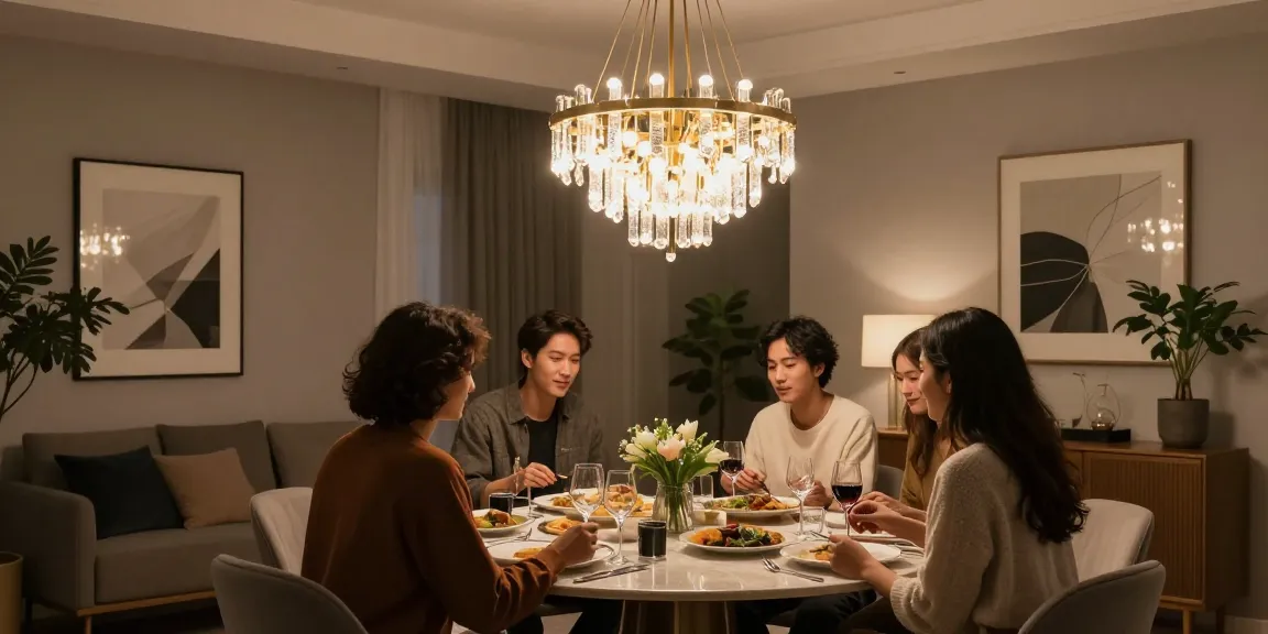 Candelabru LED elegant într-un dining modern cu prieteni la masă.