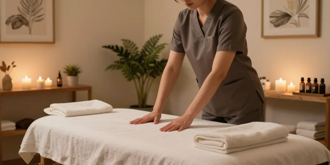 편안한 분위기의 1인샵 마사지 치료실에서 아로마 오일과 수건을 준비하는 마사지 테라피스트의 모습.