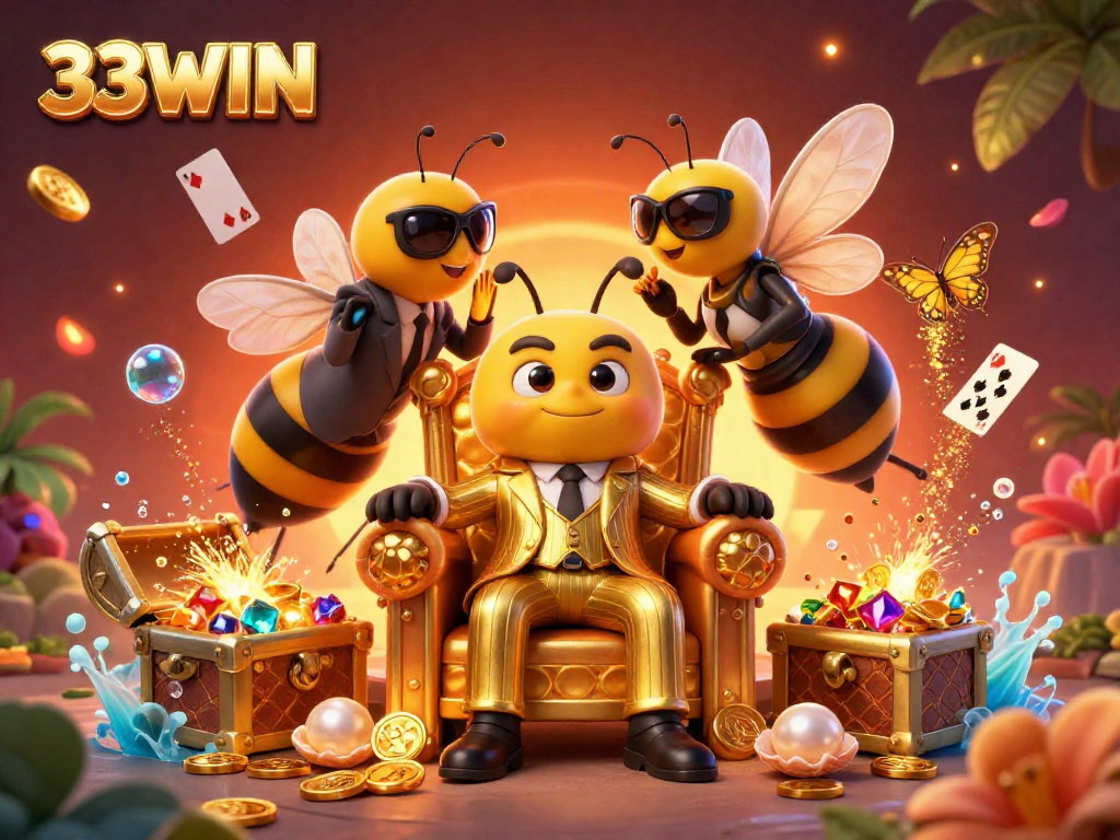 Engage with 33WIN by exploring vibrant gaming treasures in a dynamic 3D digital scene.