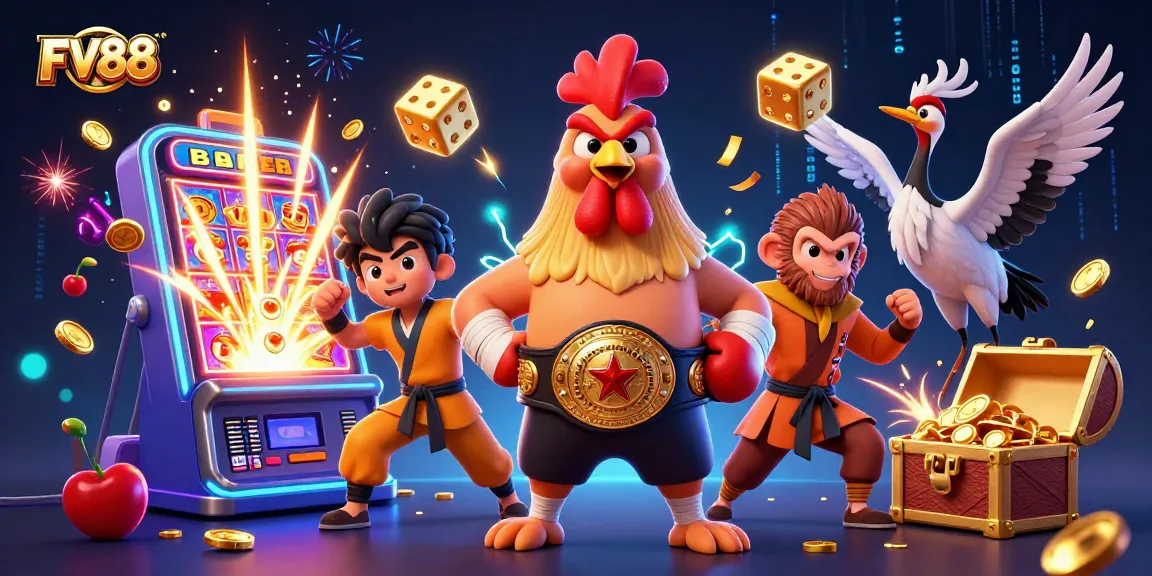 Win big at FV88 with an energetic scene showcasing exciting casino characters and vivid games.