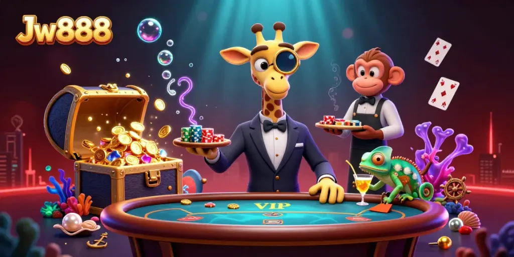 Experience thrilling wins with Jw888 in a vibrant online casino world illustrated as a dynamic 3D scene.