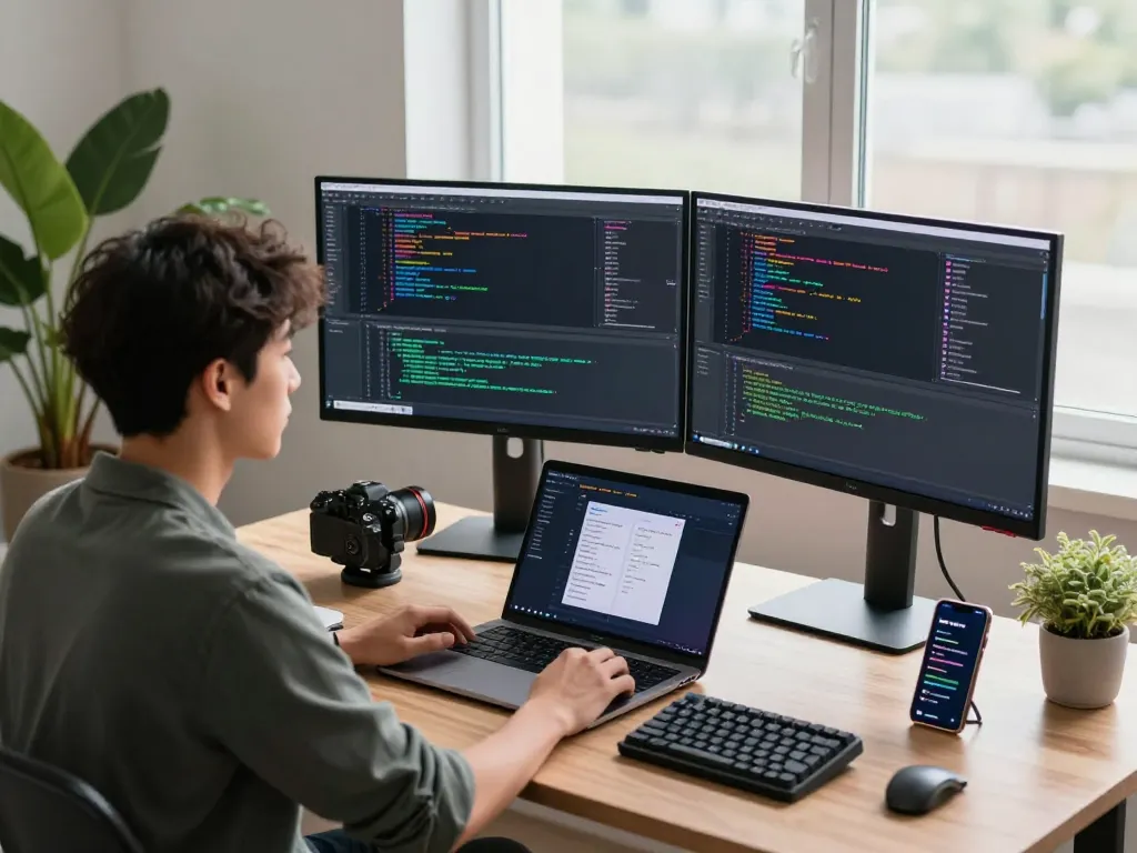 Open Claw coding workspace with developer at desk surrounded by monitors and tech gear.