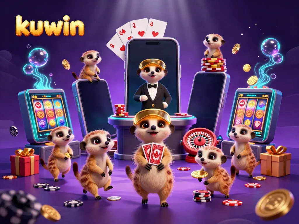 Kuwin's lively meerkat casino scene features dealers, a pit boss, and game elements.