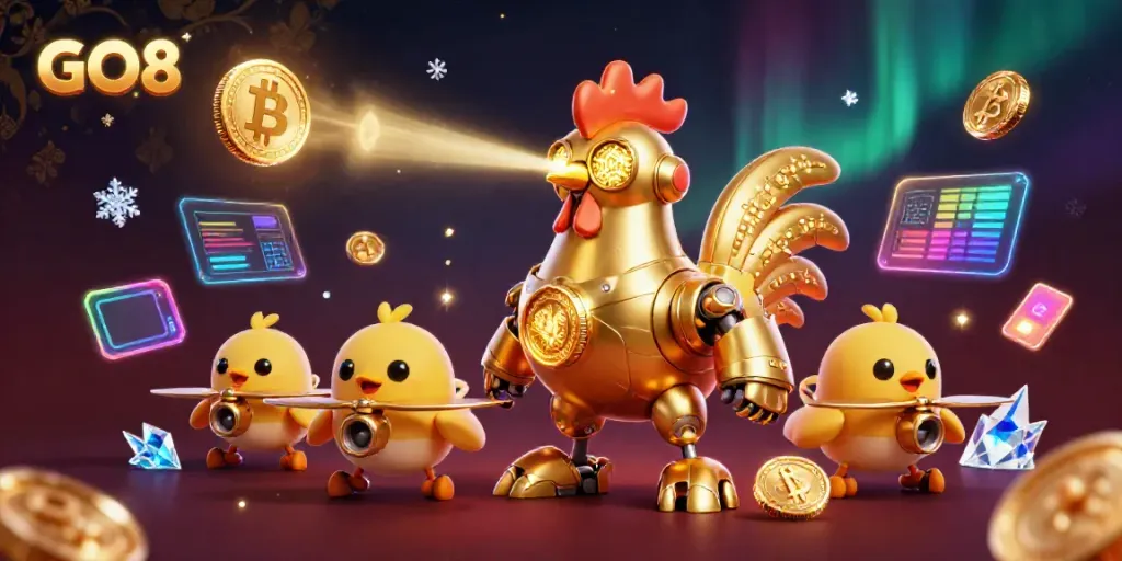 Engage with the GO8 gaming scene featuring a dazzling golden rooster robot and vibrant crypto elements.