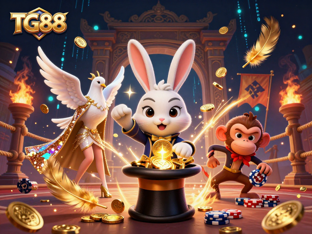 Engage in thrilling online gambling with TG88's energetic 3D illustration featuring a magical rabbit and friends.