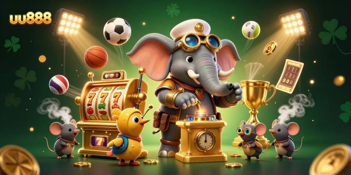 Play popular slot games at uu888 featuring a steampunk elephant engineer and dynamic casino elements.