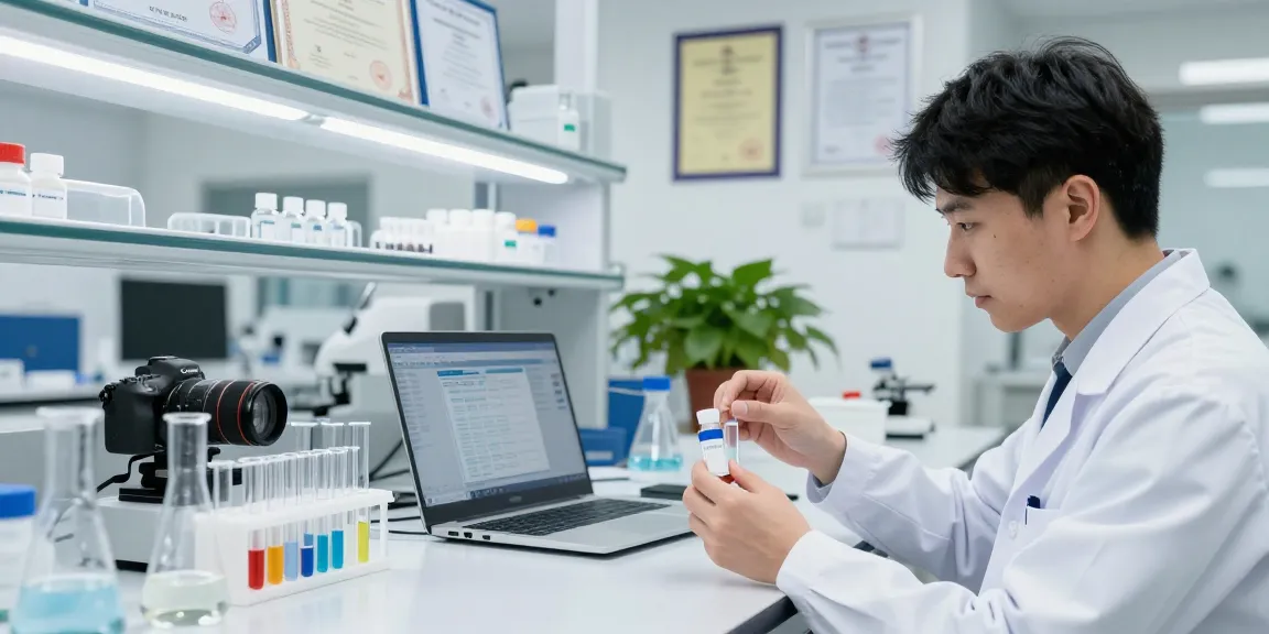 Researcher at koipeptidescanada.com analyzing peptides in a lab.