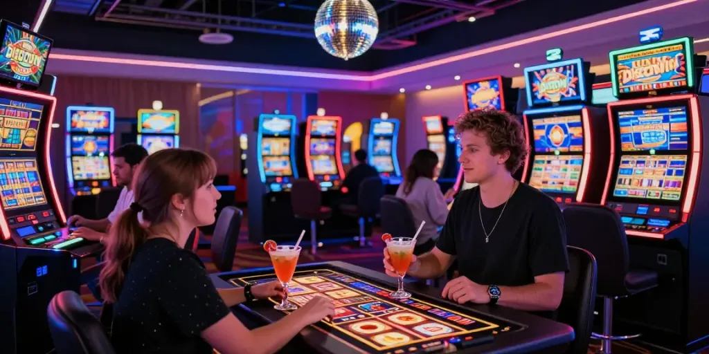 Exciting scene at DiscoWin casino showcasing players enjoying games with vibrant neon lights.