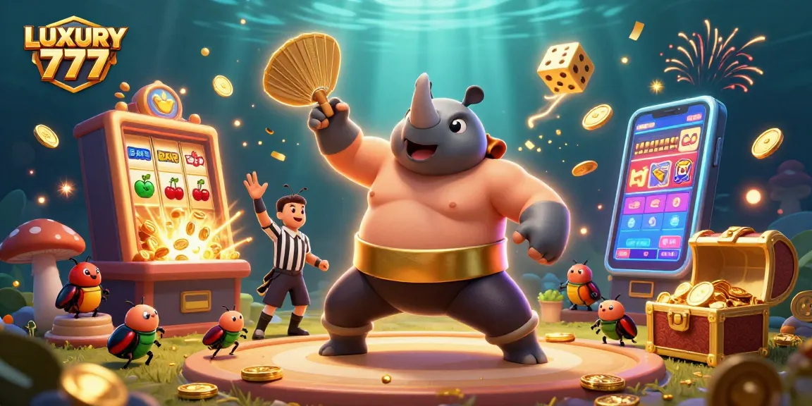 Memenangkan jackpot di LUXURY 777 dengan ilustrasi kasino yang penuh aksi.