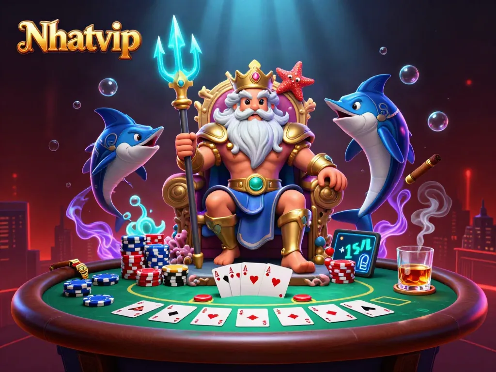 Nhatvip engages players with vibrant poker-themed underwater illustration featuring Neptune.