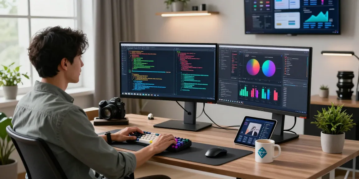 Innovative tech workspace with a software engineer using an AI image generator on multiple screens, reflecting a vibrant and productive atmosphere.