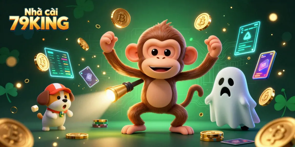 Engage with Nhà cái 79KING in a thrilling game scene featuring a mystical monkey and ghost-hunting puppy.